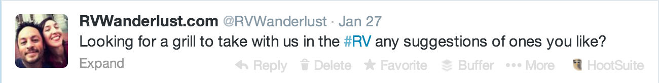 My tweet from RVWanderlust when looking for a portable grill