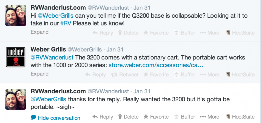 Tweets between RVWanderlust and WeberGrills