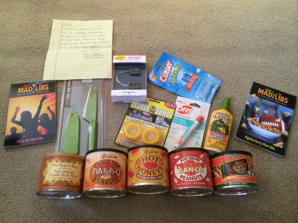 The contents of the RV care package left for RV Wanderlust
